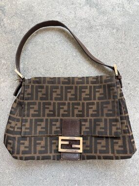 Fendi Brown Zucca FF Canvas Shoulder Bag with Gold-Tone Buckle
